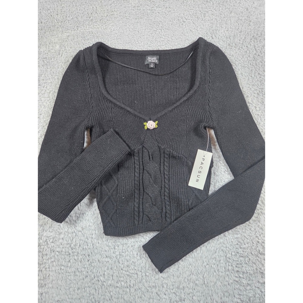 Beverly and Beck Sweater XS Black Women Sweetheart Rose Cable Knit Long Sleeve